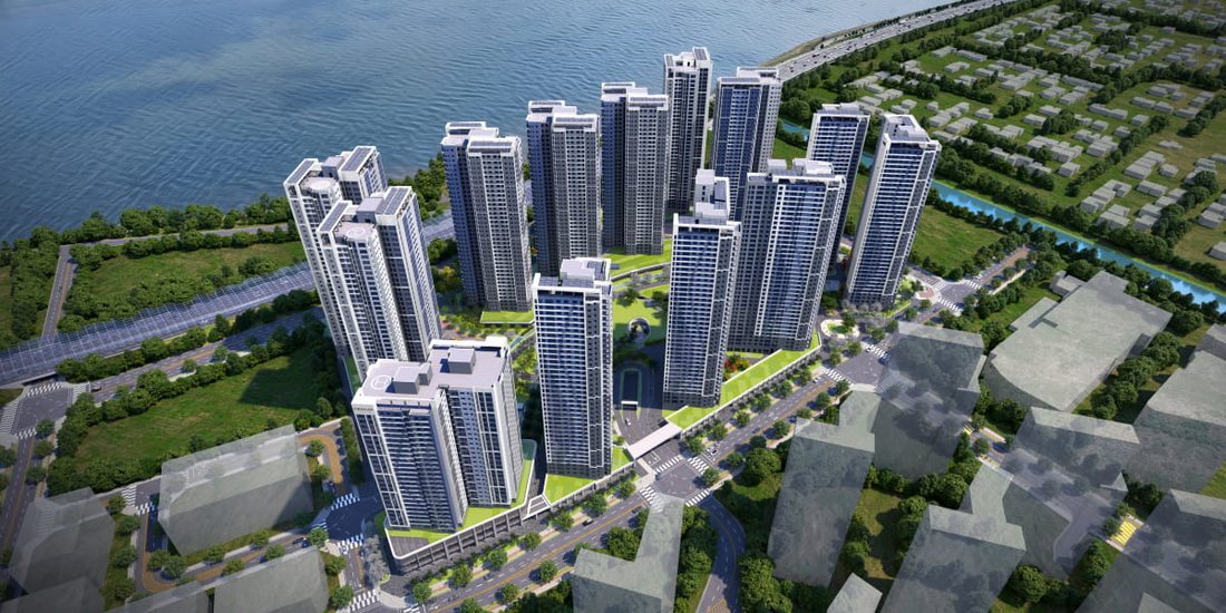 한강 푸르지오 리버프론트 조감도, 한강 앞에 늘어선 12개동과 단지 앞 도로